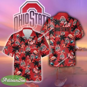 Ohio State Buckeyes Coconut Tree Island Flamingo Play Football Hawaiian Shirt AOP For Men Women - NCAA Ohio State Buckeyes Flamingo Play Football Hawaiian Shirt Photo 2