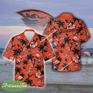 Oregon State Beavers Coconut Tree Island Flamingo Play Football 3D Hawaiian Shirt For Men Women - NCAA Oregon State Beavers Flamingo Play Football Hawaiian Shirt Photo 2