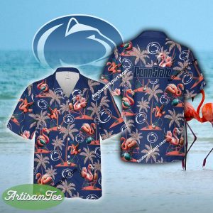 Penn State Nittany Lions Coconut Tree Pattern Flamingo Play Football Hawaiian Shirt Short Sleeve Gift Beach - NCAA Penn State Nittany Lions Flamingo Play Football Hawaiian Shirt Photo 2