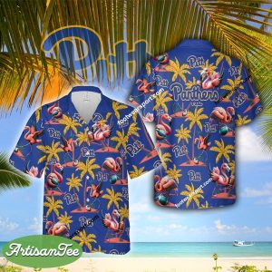 Pittsburgh Panthers Coconut Tree Island Flamingo Play Football Aloha Hawaiian Shirt For Summer - NCAA Pittsburgh Panthers Flamingo Play Football Hawaiian Shirt Photo 2