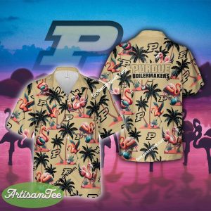 Purdue Boilermakers Coconut Tree Pattern Hawaiian Shirt Flamingo Play Football For Men Women - NCAA Purdue Boilermakers Flamingo Play Football Hawaiian Shirt Photo 2