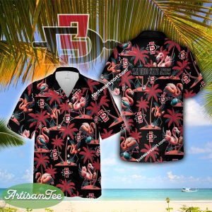 San Diego State Aztecs Flamingo Play Football Coconut Tree Pattern Hawaiian Shirt All Over Print For Men Women - NCAA San Diego State Aztecs Flamingo Play Football Hawaiian Shirt Photo 2