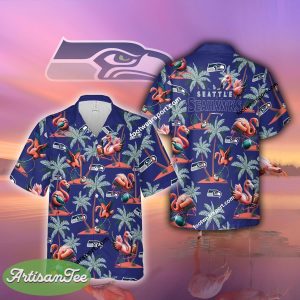 Seattle Seahawks Coconut Tree Pattern 3D Hawaiian Shirt Flamingo Play Football For Summer - NFL Seattle Seahawks Flamingo Play Football Hawaiian Shirt Photo 2