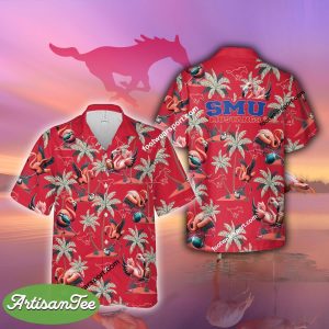 SMU Mustangs Coconut Tree Island Hawaiian Shirt Short Sleeve Flamingo Play Football For Men Women - NCAA SMU Mustangs Flamingo Play Football Hawaiian Shirt Photo 2