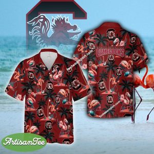 South Carolina Gamecocks Coconut Tree Pattern Flamingo Play Football Aloha Hawaiian Shirt Gift Beach - NCAA South Carolina Gamecocks Flamingo Play Football Hawaiian Shirt Photo 2