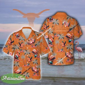 Texas Longhorns Coconut Tree Island Flamingo Play Football 3D Hawaiian Shirt Gift Beach - NCAA Texas Longhorns Flamingo Play Football Hawaiian Shirt Photo 2