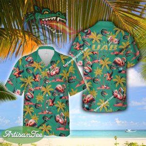 UAB Blazers Flamingo Play Football Coconut Tree Pattern Hawaiian Shirt For Summer - NCAA UAB Blazers Flamingo Play Football Hawaiian Shirt Photo 2