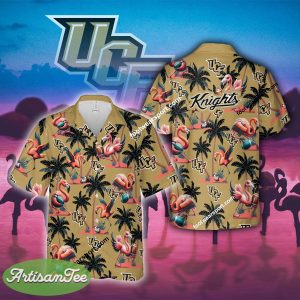 UCF Knights Coconut Tree Island Flamingo Play Football Hawaiian Shirt AOP For Men Women - NCAA UCF Knights Flamingo Play Football Hawaiian Shirt Photo 2