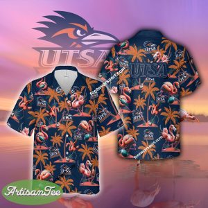 UTSA Roadrunners Coconut Tree Pattern 3D Hawaiian Shirt Flamingo Play Football For Men Women - NCAA UTSA Roadrunners Flamingo Play Football Hawaiian Shirt Photo 2