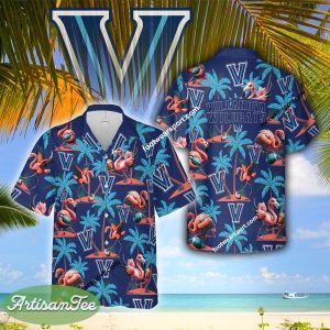 Villanova Wildcats Coconut Tree Island Flamingo Play Football Hawaiian Shirt Short Sleeve Gift Beach - NCAA2 Villanova Wildcats Flamingo Play Football Hawaiian Shirt Photo 2
