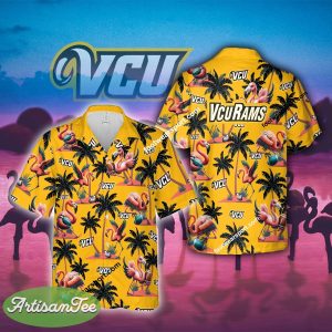 Virginia Commonwealth Rams Flamingo Play Football Coconut Tree Island Aloha Hawaiian Shirt For Summer - NCAA2 Virginia Commonwealth Rams Flamingo Play Football Hawaiian Shirt Photo 2