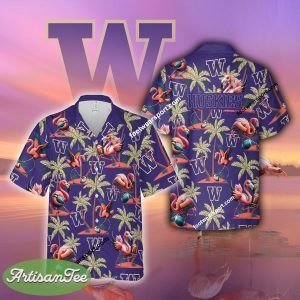 Washington Huskies Coconut Tree Island Hawaiian Shirt Flamingo Play Football Gift Beach - NCAA Washington Huskies Flamingo Play Football Hawaiian Shirt Photo 2