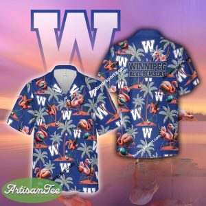 Winnipeg Blue Bombers Coconut Tree Pattern Flamingo Play Football AOP Hawaiian Shirt Gift Beach - CFL Winnipeg Blue Bombers Flamingo Play Football Hawaiian Shirt Photo 2