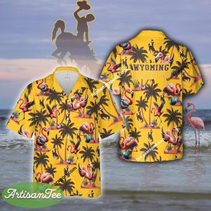 Wyoming Cowboys Coconut Tree Island Flamingo Play Football 3D Hawaiian Shirt For Summer - NCAA Wyoming Cowboys Flamingo Play Football Hawaiian Shirt Photo 2