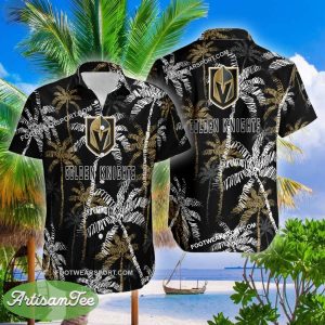 Vegas Golden Knights AOP Hawaiian Shirt Coconut Tree Vintage Gift For Fans - NHL Vegas Golden Knights 3D Hawaiian Shirt Coconut Tree_2