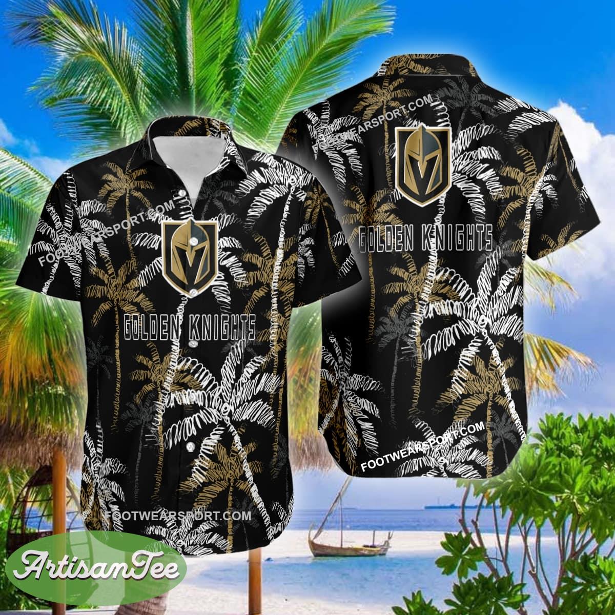 Vegas Golden Knights AOP Hawaiian Shirt Coconut Tree Vintage Gift For Fans - NHL Vegas Golden Knights 3D Hawaiian Shirt Coconut Tree_2