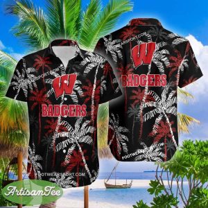 Wisconsin Badgers AOP Hawaiian Shirt Coconut Tree Vintage Gift For Fans - NCAA Wisconsin Badgers 3D Hawaiian Shirt Coconut Tree_2